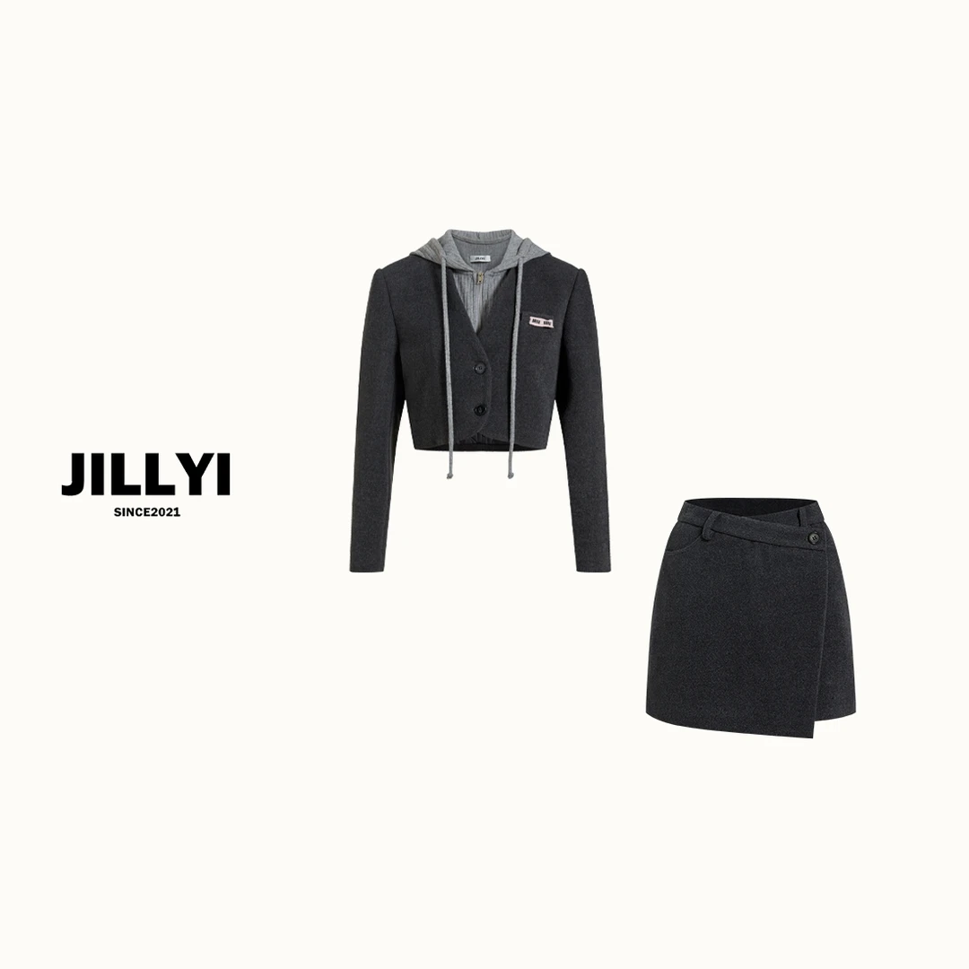 JILLYI【法式焦点】灰色套装上衣+半裙显瘦时尚秋冬女士连帽假两件