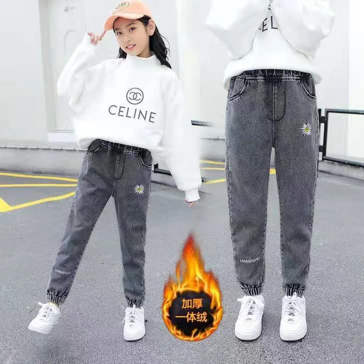 童装女童裤子秋冬新款中大童保暖裤儿童加绒加厚牛仔裤女孩棉裤子