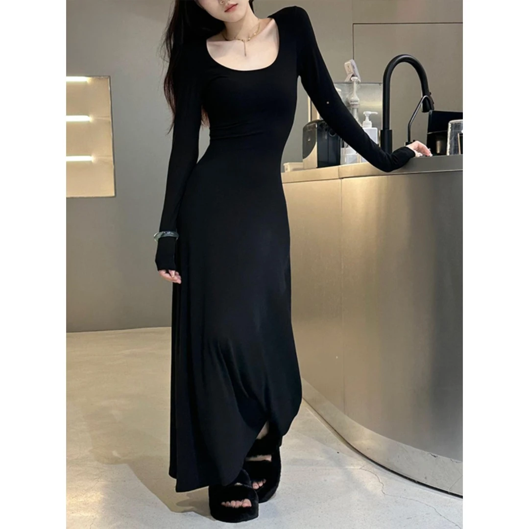 打底长裙纯欲低胸圆领修身收腰A字大摆裙超长款磨毛棉长袖连衣裙