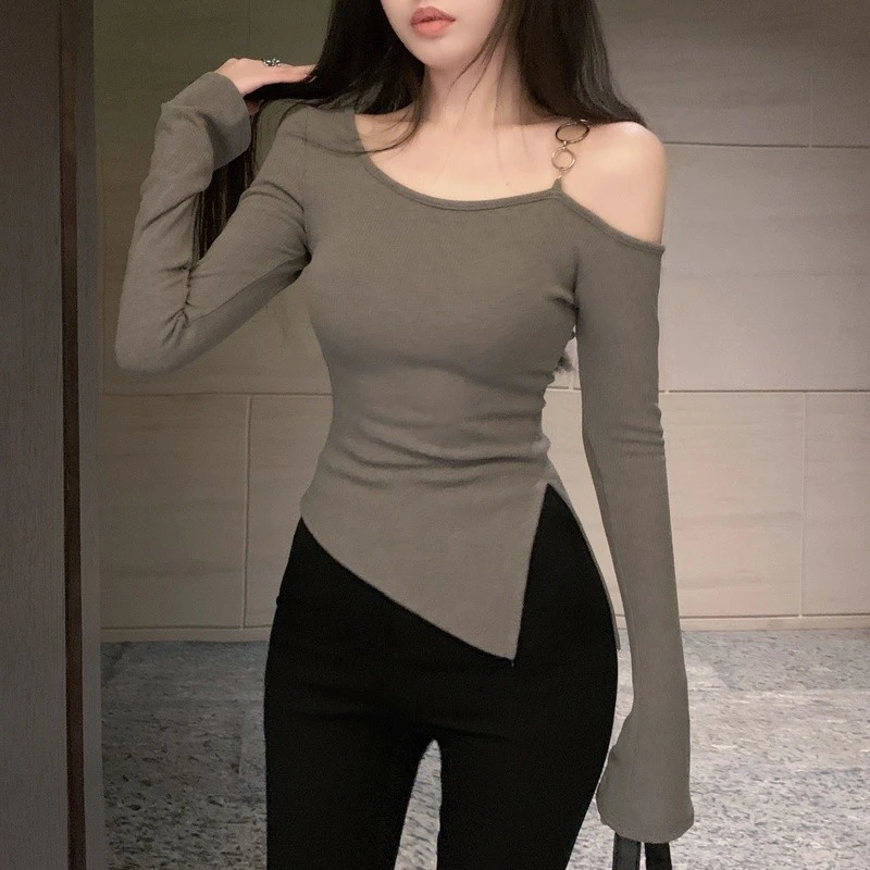 辣妹纯色肩部金属环装饰短款上衣女装修身打底外穿打底衫不规则潮