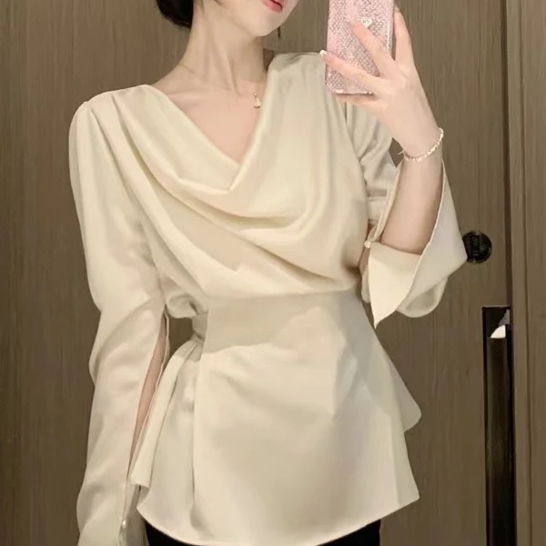 夏季气质荡领缎面长袖衬衫女设计感收腰绑带泡泡袖小众别致衬衣女