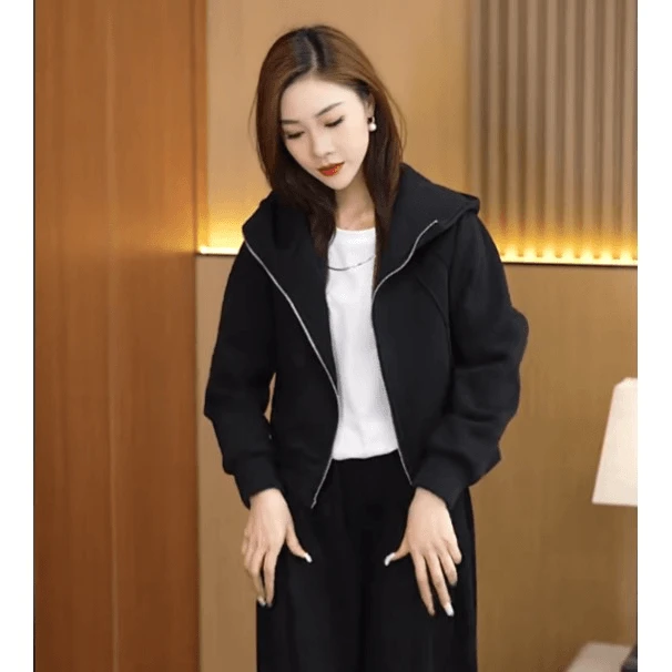 秋季新款韩版时尚百搭休闲宽松拉链连帽宽松短款外套女款