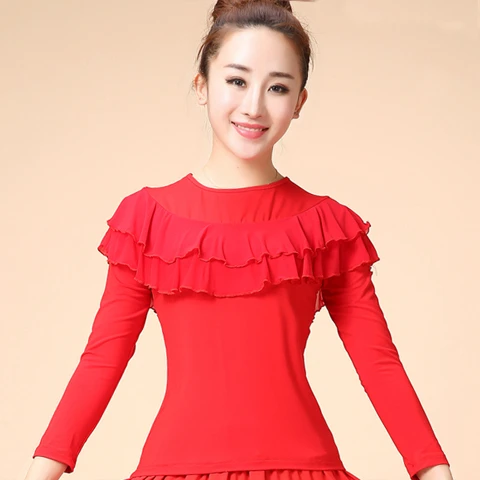 新款广场舞蹈服装莫代尔女圆领长袖拉丁舞练功服跳舞演出练习上衣