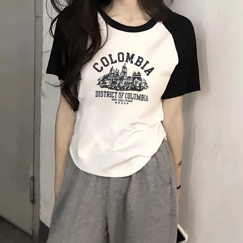 短袖t恤女2023年新款夏季纯棉修身美式印花撞色拼接显瘦正肩上衣