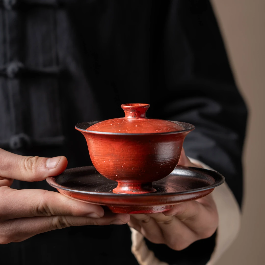 （静萱茶事）漆红内黑陶泥茶盘 手工陶泥元宝盖碗100ml