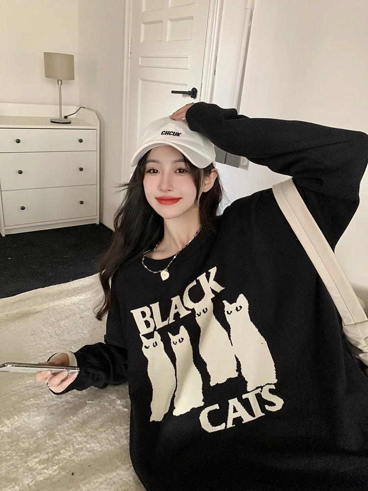 2024新款大码美式复古宽松套头卫衣女慵懒风圆领中长款上衣30909