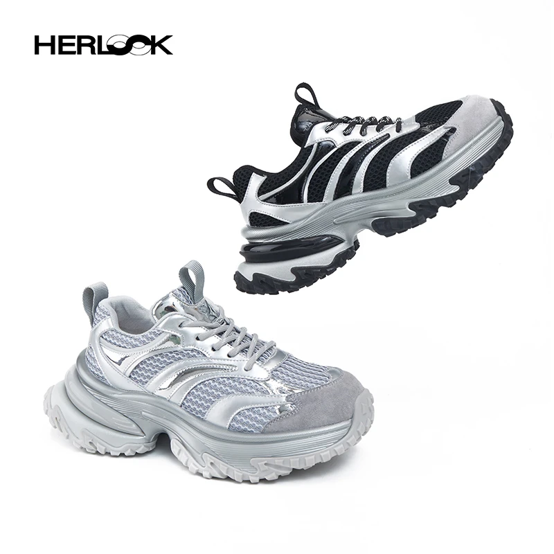 HERLOOK鱼骨网面复古老爹鞋女增高厚底防滑潮鞋休闲鞋女款