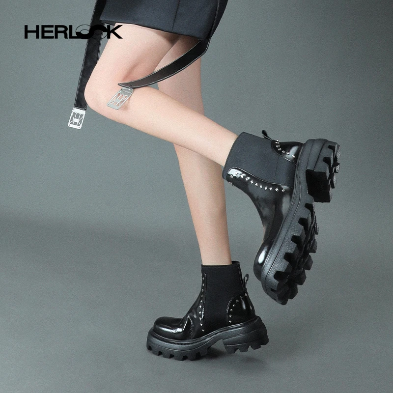 HERLOOK十字星厚底切尔西靴女真皮黑色松紧口短靴