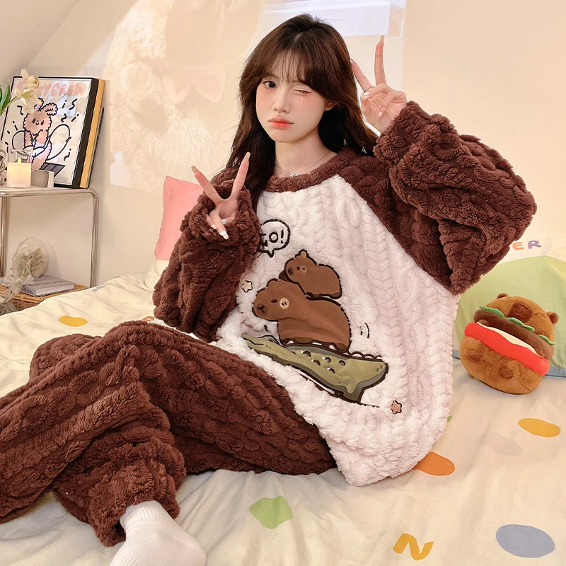 珊瑚绒少女睡衣春秋冬季加绒加厚可爱学生法兰绒中大童家居服套装
