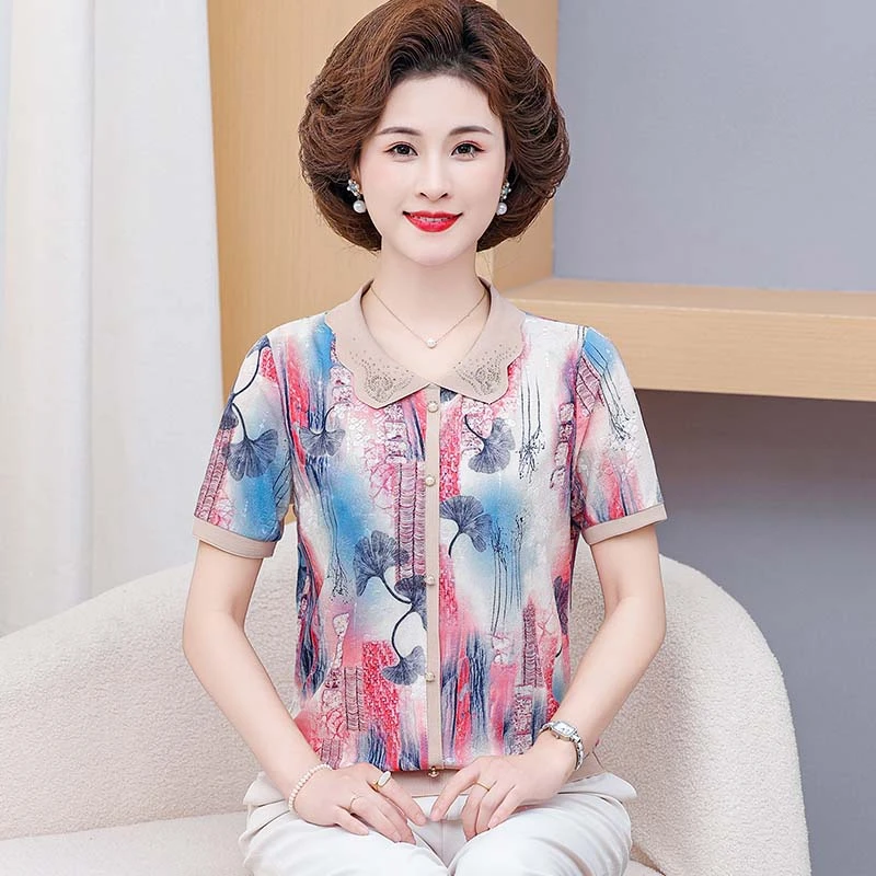 妈妈夏装2024新款显瘦减龄短袖T恤时尚针织衫中老年上衣漂亮洋气