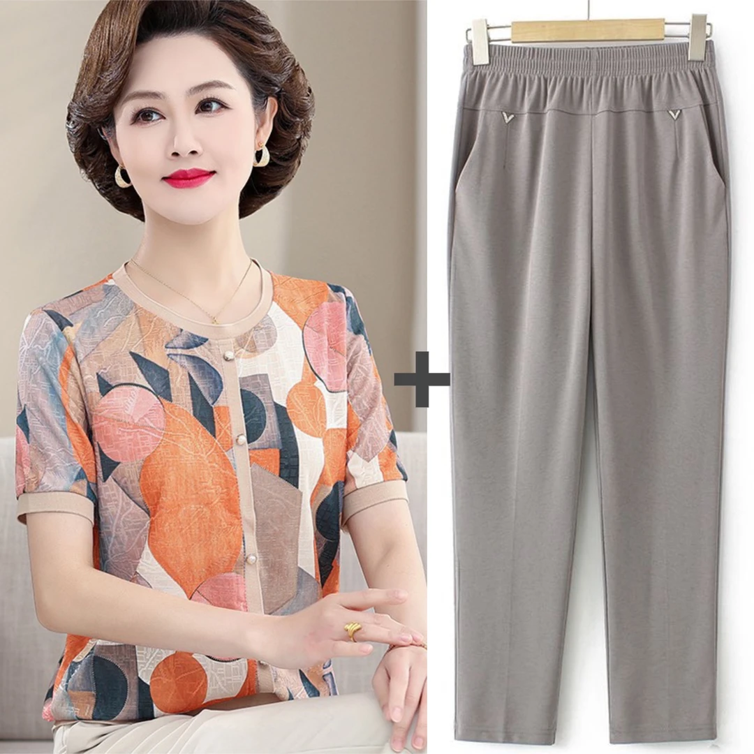 妈妈夏季洋气圆领T恤中年女装时尚薄款圆领打底衫中老年气质小衫