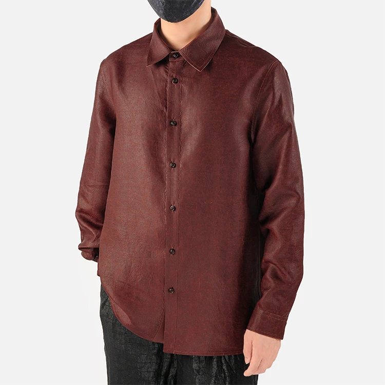 88702 男士长袖衬衫双面穿 桑蚕丝龟裂纹红云纱中式复古衬衣