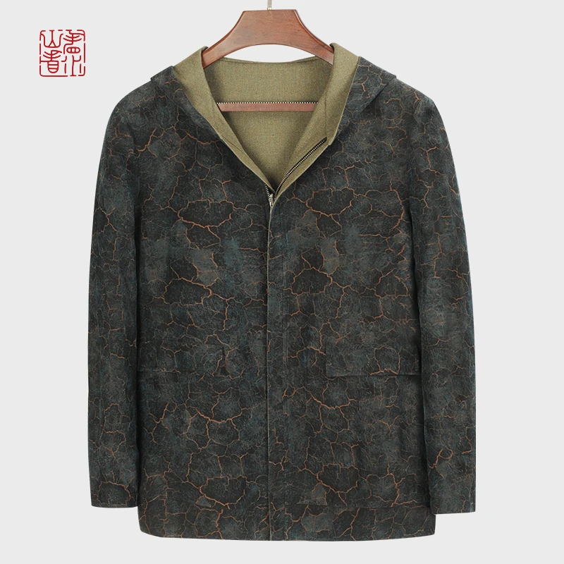 88173双面拉链帽衫 桑蚕丝精纺羊毛龟裂纹香云纱男士长袖休闲宽松