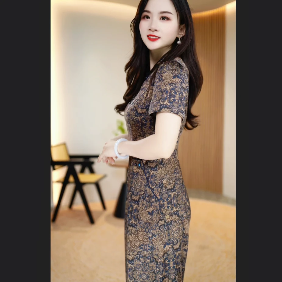 【鹿影溪】夏季新款新中式大码修身显瘦气质印花连衣裙女9470