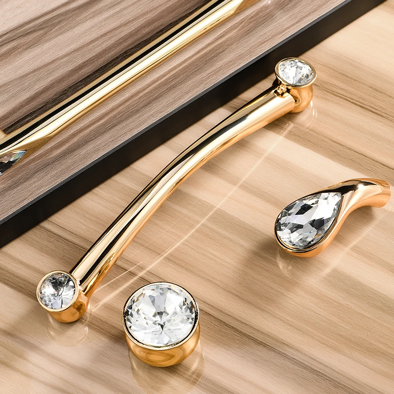 锌合金欧式金色镶钻水晶柜门拉手 轻奢橱柜酒柜抽屉衣柜门把手