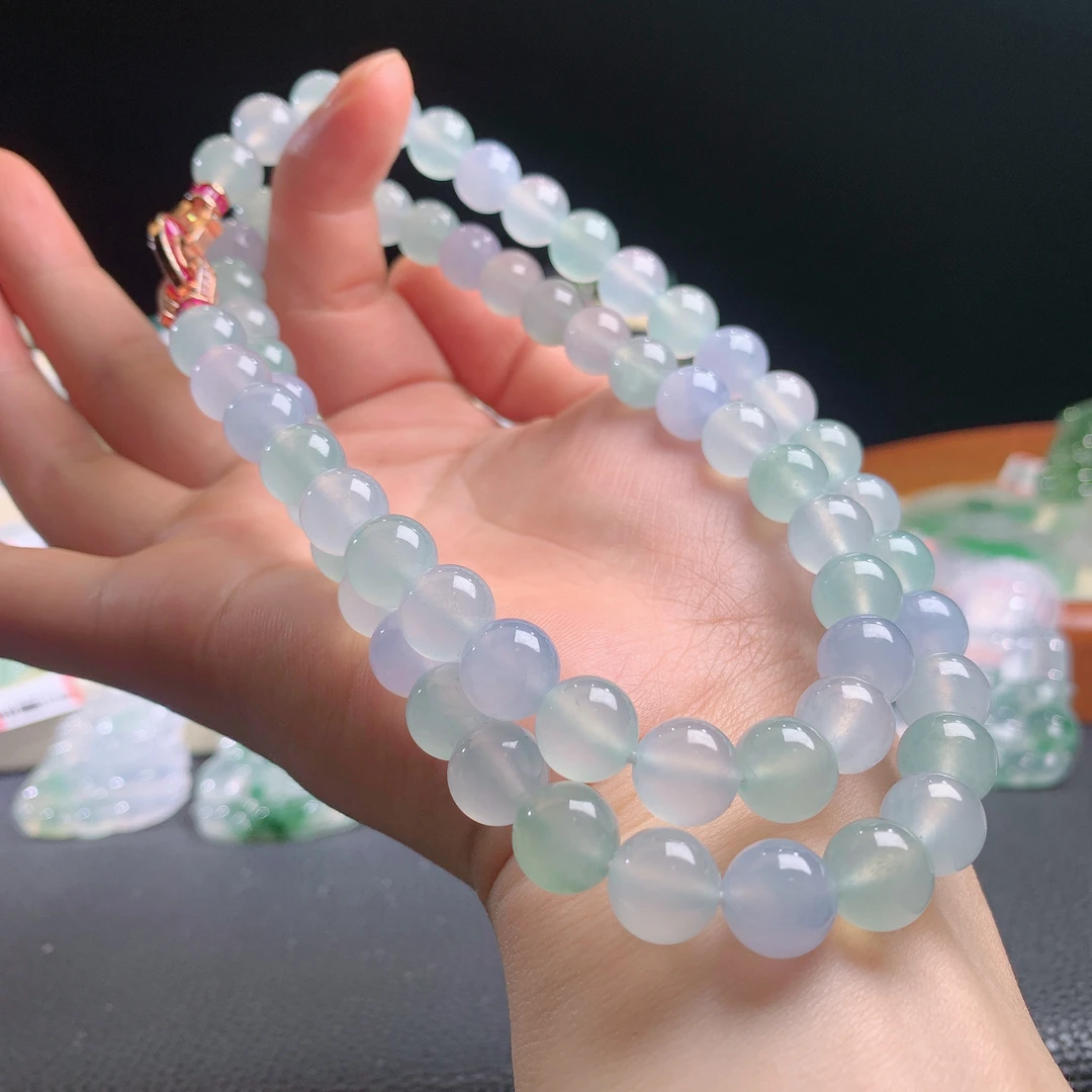 缅甸a货翡翠珠链冰种马卡龙色系项链搭配卡10mm62颗