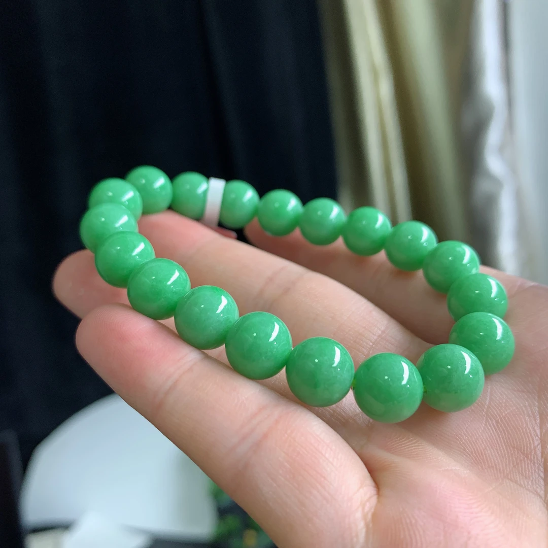 缅甸天然a货翡翠珠链 满绿满色翡翠手串10mm19颗