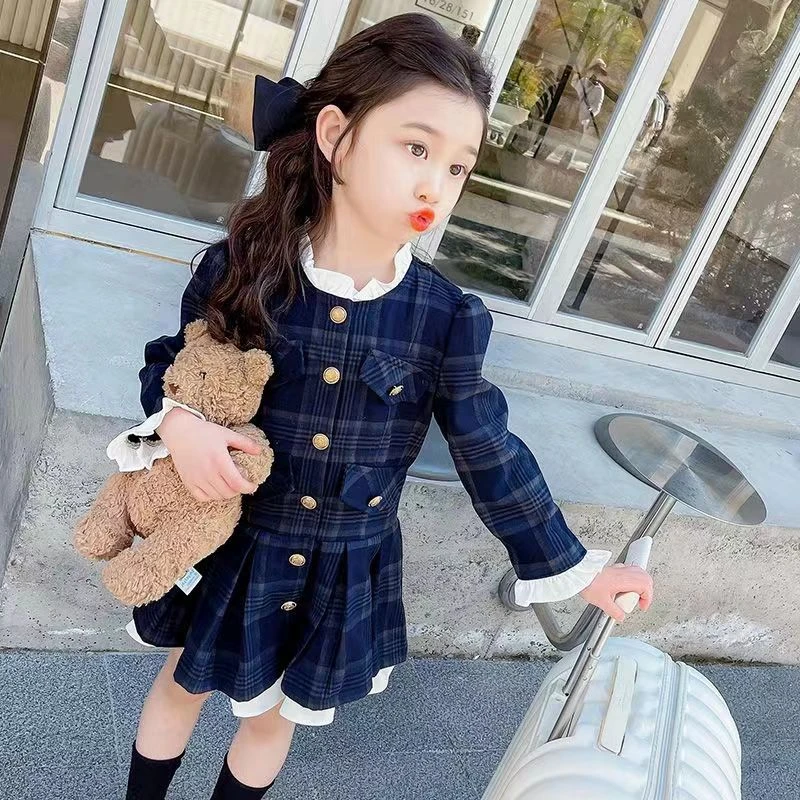 女童连衣裙春秋2024新款洋气儿童秋季裙子女宝宝格子小香风公主裙