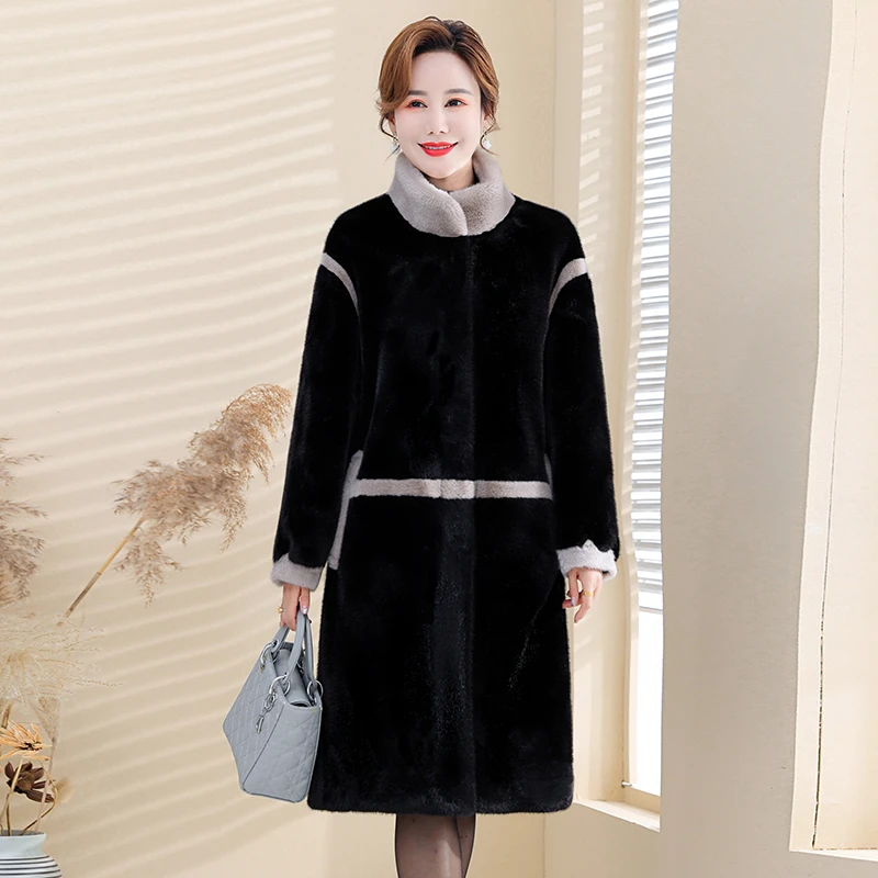 金狐狸冬季拼色皮毛一体时尚气质轻奢设计感中长款妈妈装保暖外套