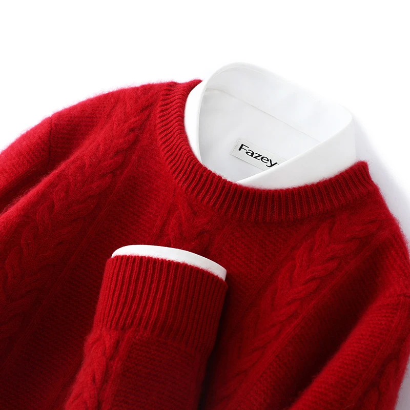 口碑王！100%纯羊绒衫男士圆领毛衣扭花羊绒衫商务休闲针织打底衫