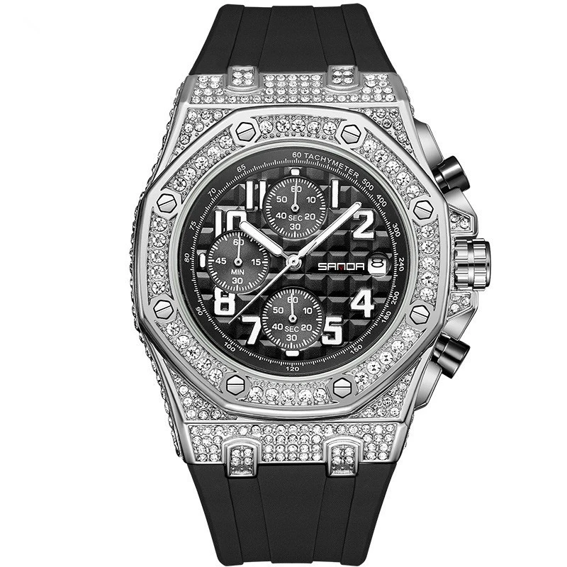 2024新款满钻三眼石英腕表男款手表气质镶钻轻奢时尚高端防水夜光