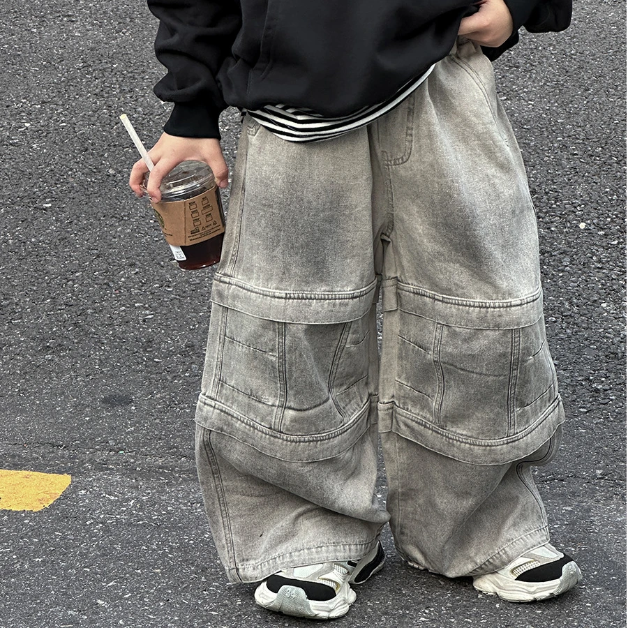 YH-24132  男童工装裤童装24年秋废土风脏染长裤重工休闲裤子