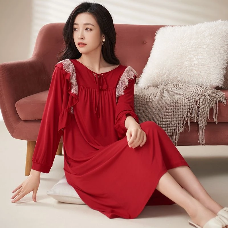 红色睡裙女士春秋季莫代尔长袖大码睡衣本命年新年家居服裙子