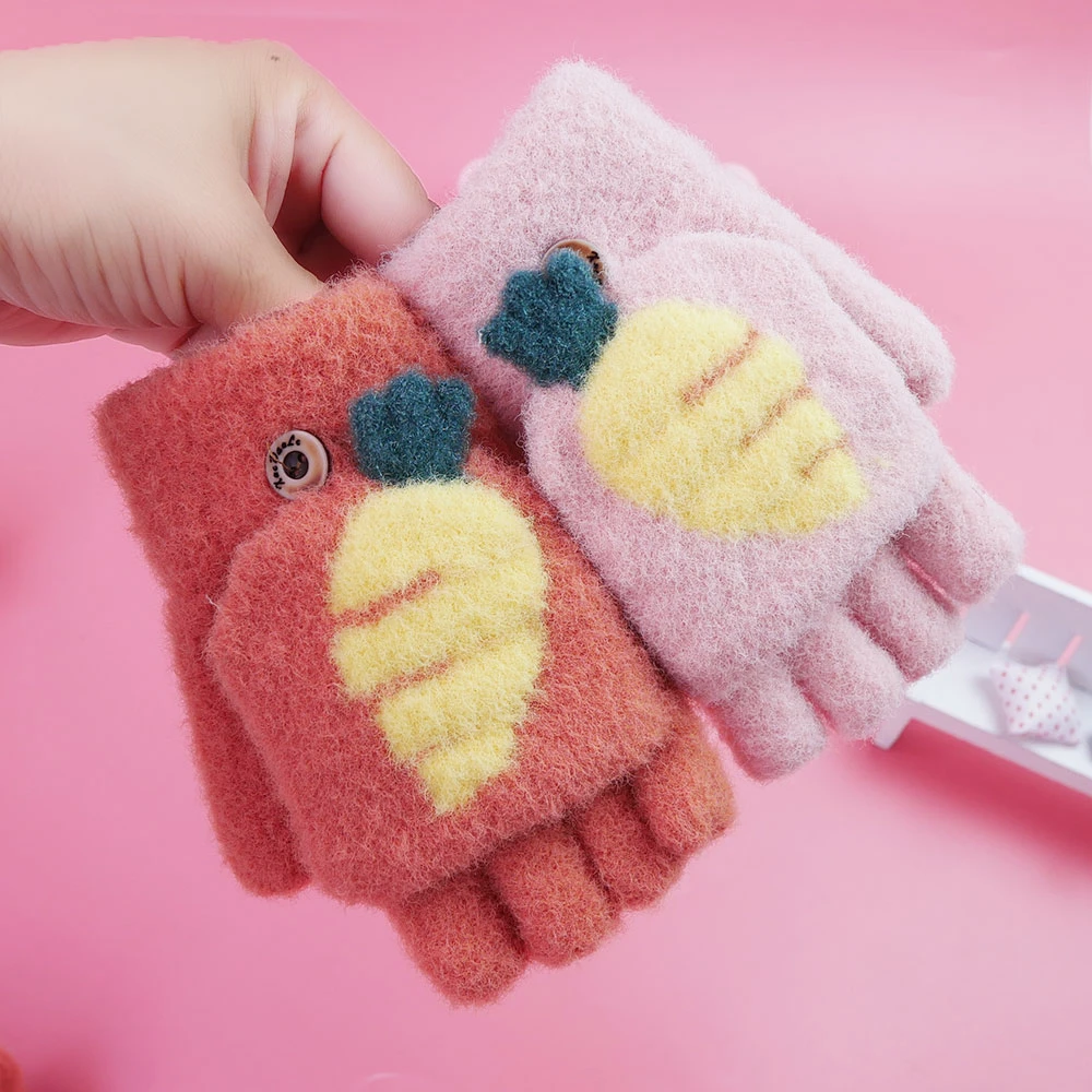 儿童手套秋冬季半指翻盖男童卡通保暖女学生写字宝宝两用五指中童