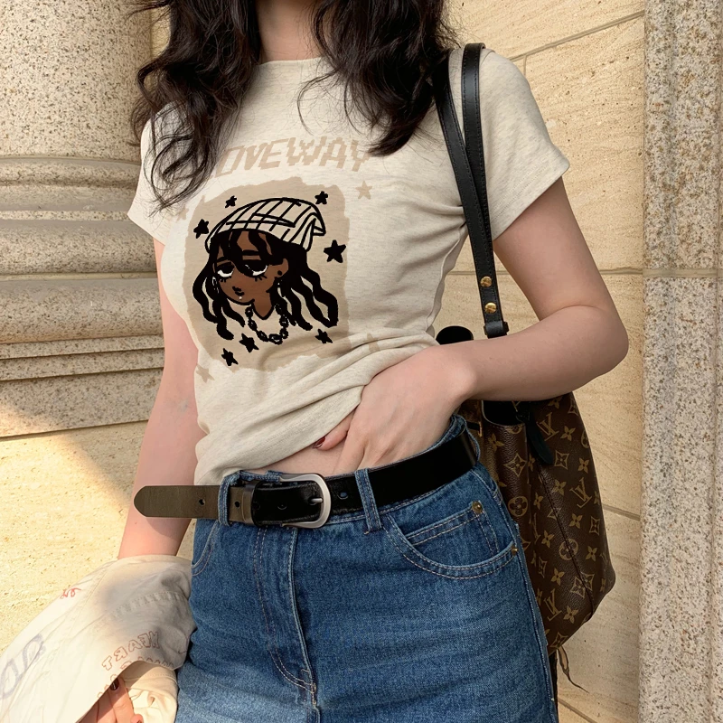 修身显瘦短款短袖T恤女夏季美式复古体恤紧身正肩辣妹打底上衣女