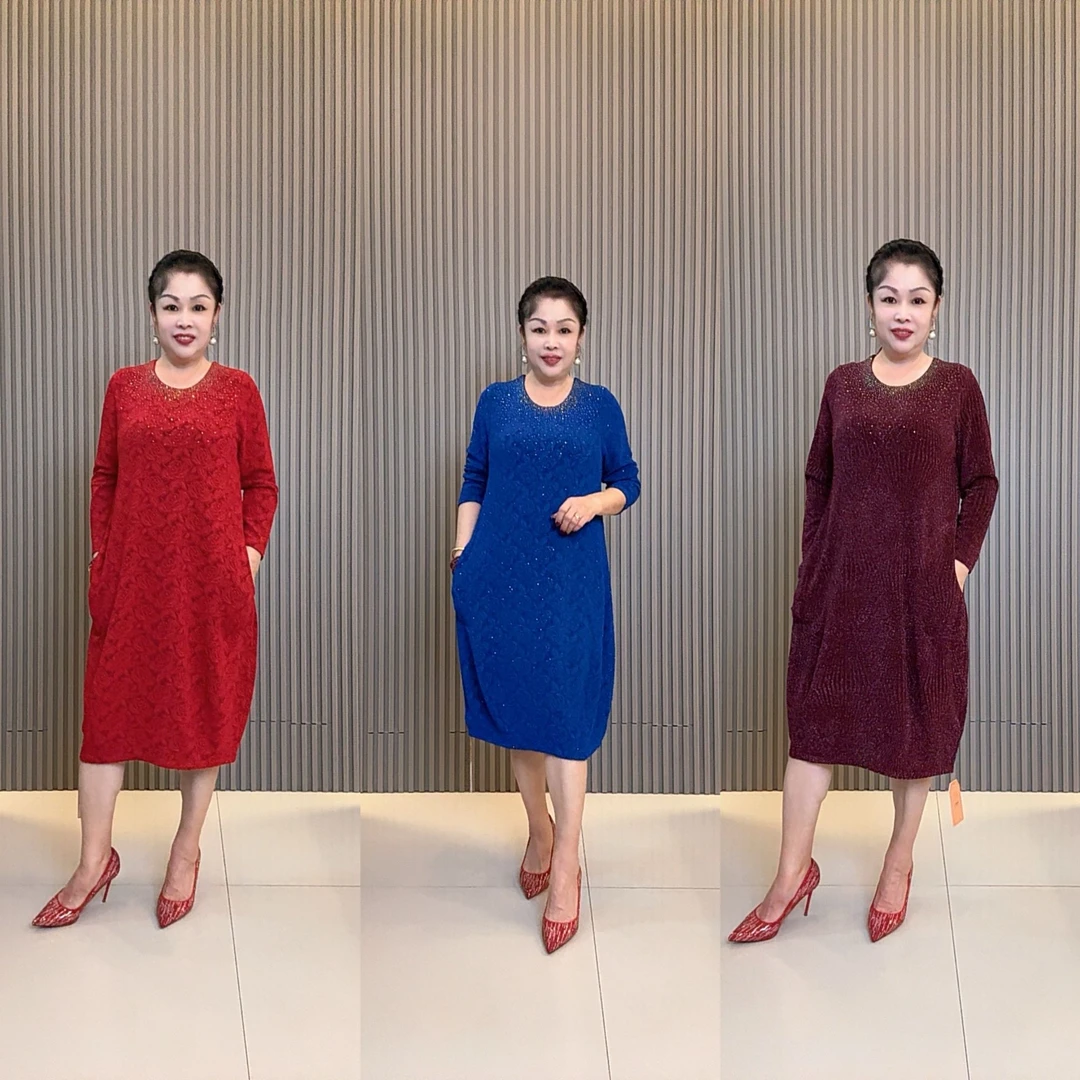 大码醋酸连衣裙秋冬新款洋气胖妈妈装休闲百搭高弹力时尚宽松气质