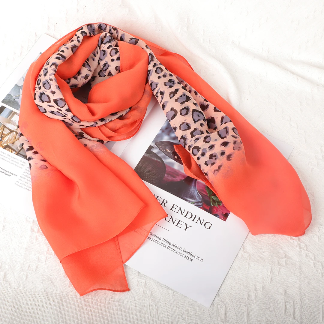 橘红色豹纹轻薄100%桑蚕丝真丝印花65*170CM百搭女亲肤柔软丝巾女