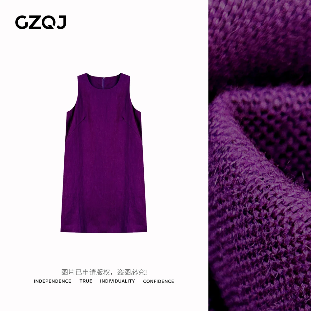 GZQJ【紫气东来】100亚麻设计感圆领百搭显瘦无袖背心连衣裙92912