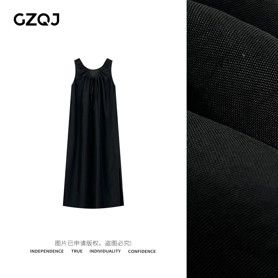 GZQJ【温婉佳人】100醋酸气质显瘦无袖背心连衣裙长款小黑裙32680