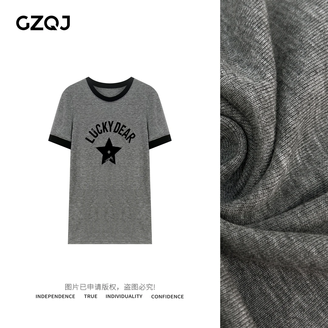 老琴私服【幸运星T】小众设计感做旧拼色圆领短袖T恤女夏上衣 7224