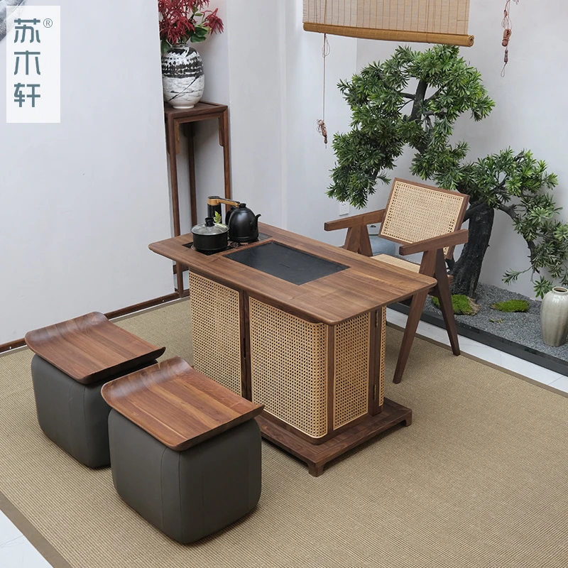 苏木轩新中式阳台茶桌现代轻奢小户型实木茶台北美黑胡桃木藤茶桌