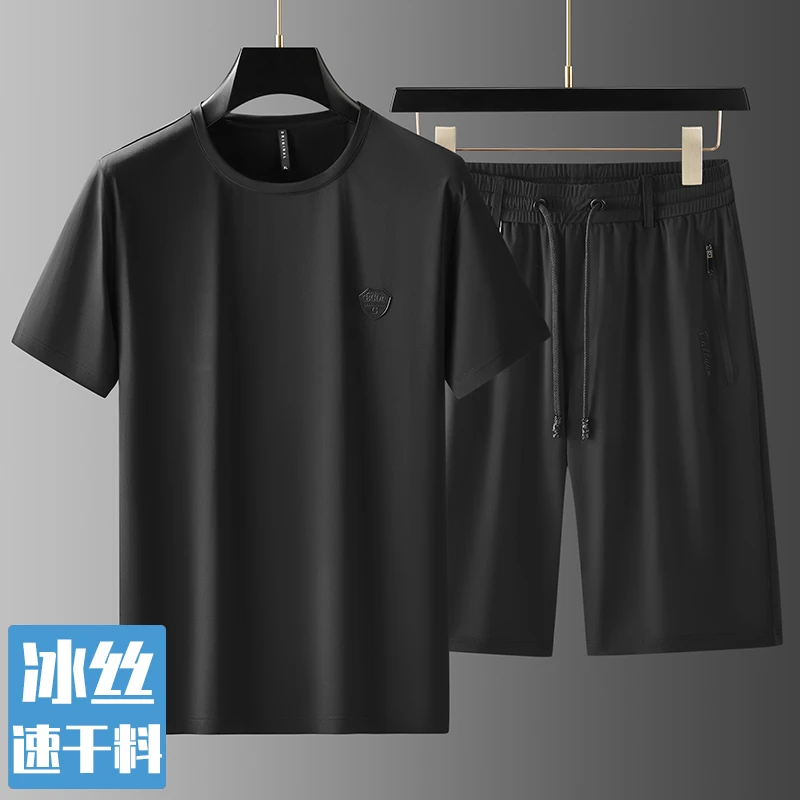 高端冰丝休闲运动两件套夏季薄款圆领短袖t恤宽松直筒速干五分裤