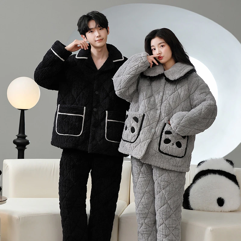 情侣睡衣女冬季加绒加厚2024新款冬天三层夹棉高档男款家居服套装