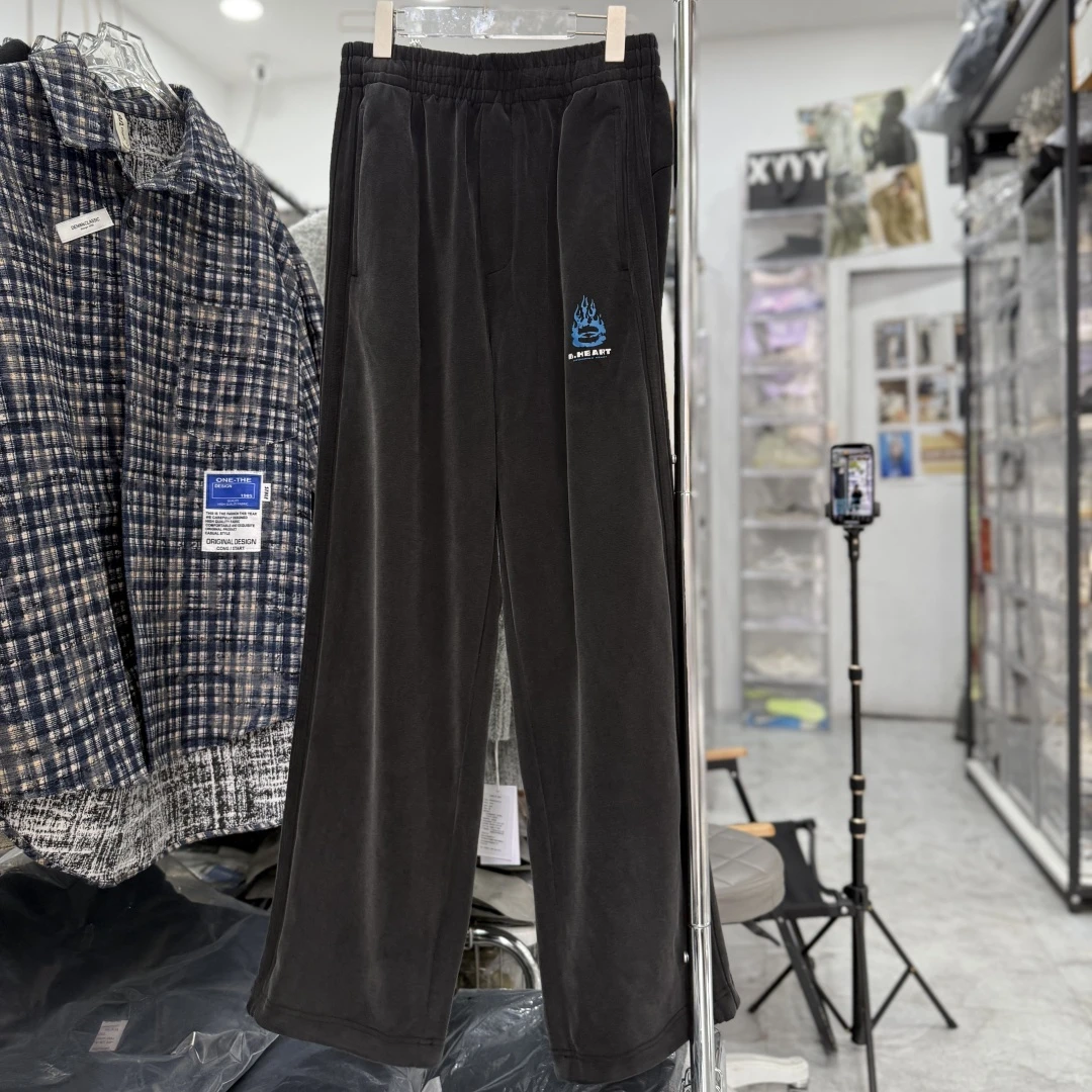 灰色水洗做旧阔腿直筒裤男女同款卫裤火焰纹休闲裤潮百搭裤子