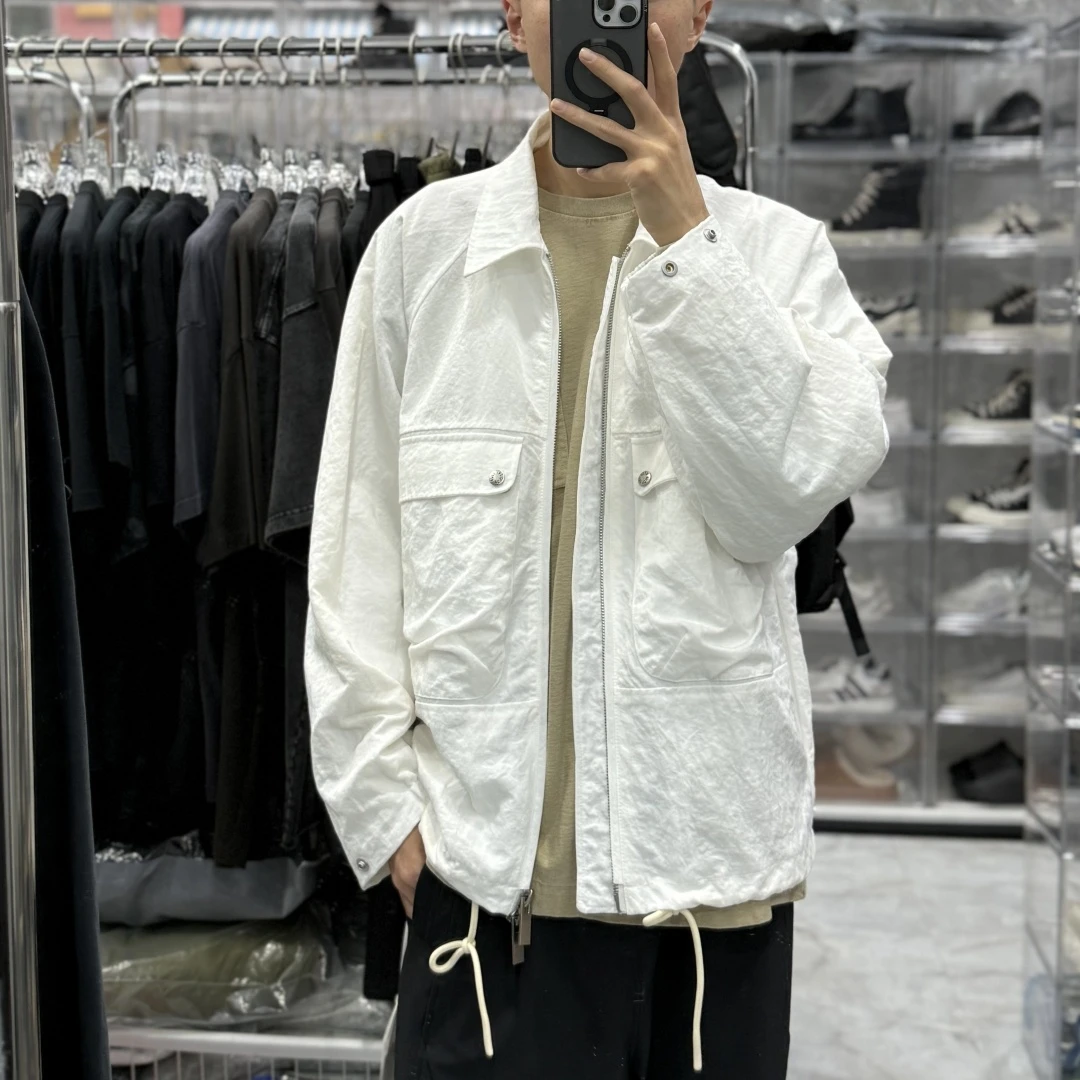 秋季男士夹克宽松白色工装翻领衬衫外套口袋抽绳潮男上衣时尚休闲
