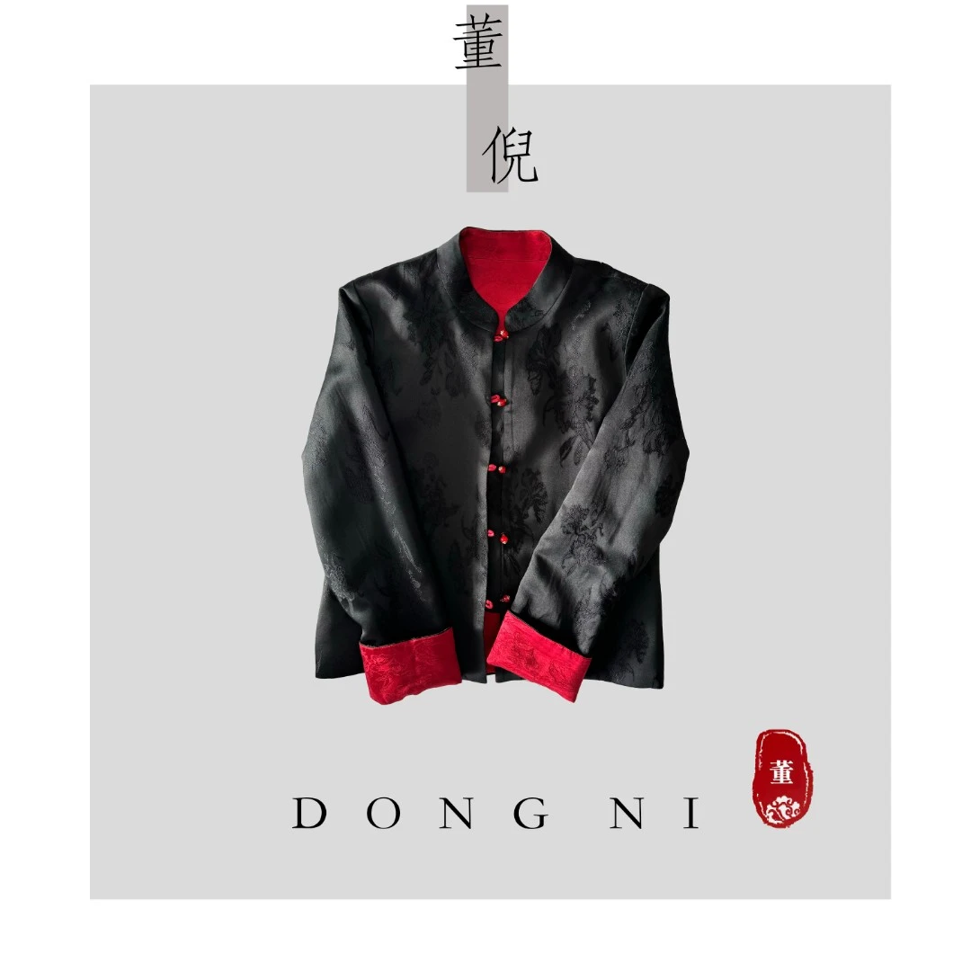 【福晋亿彩】早秋新款时尚气质短款百搭新中式双面提花黑红外套