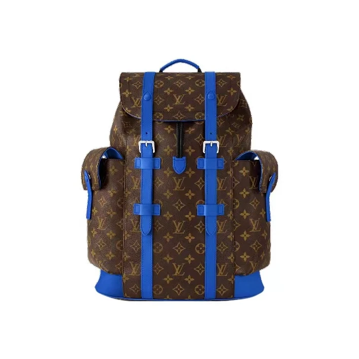 99新 LouisVuitton/路易威登 christopher棕老花拼蓝色背包双肩包