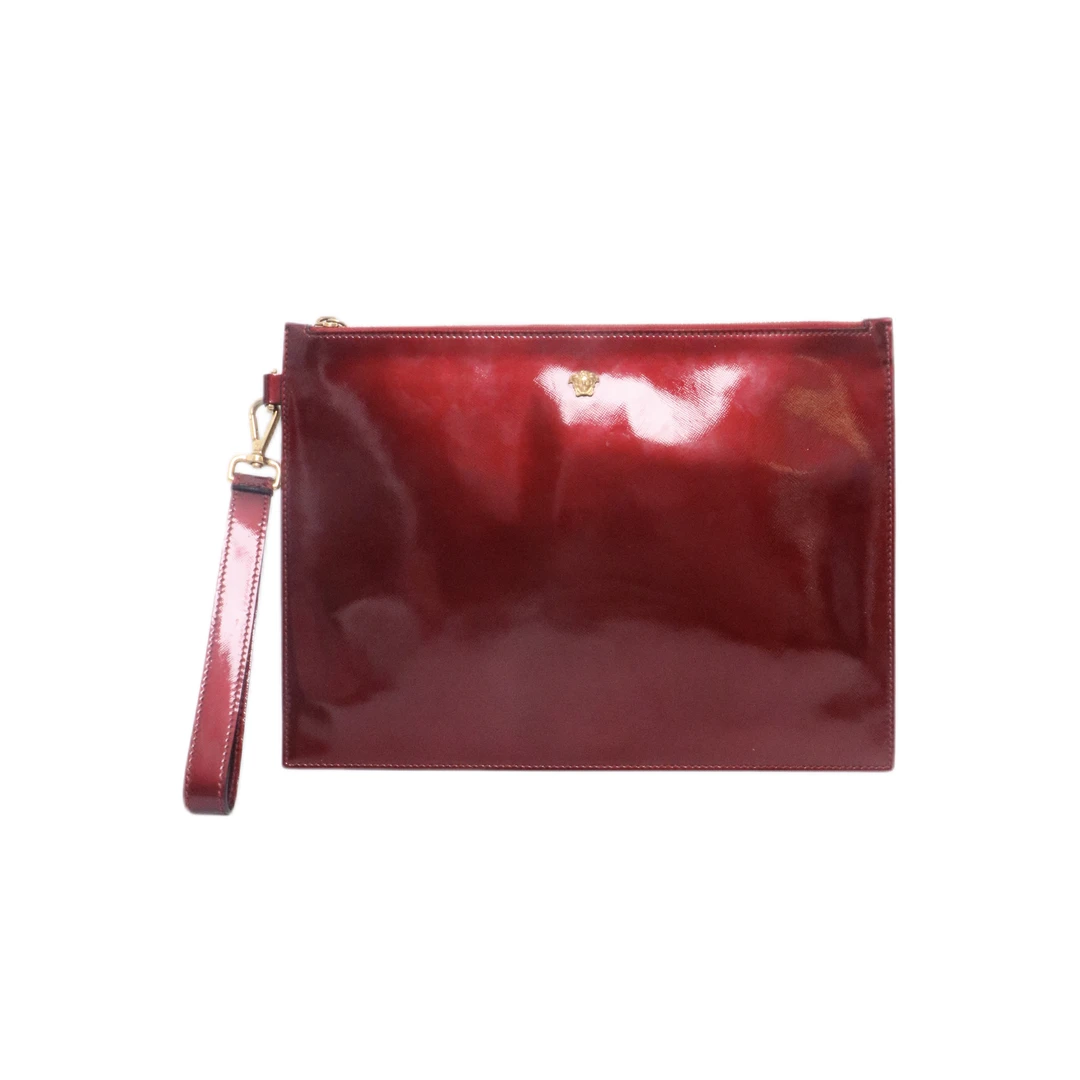 99新 VERSACE/范思哲 漆皮酒红色美杜莎手拿洗漱包