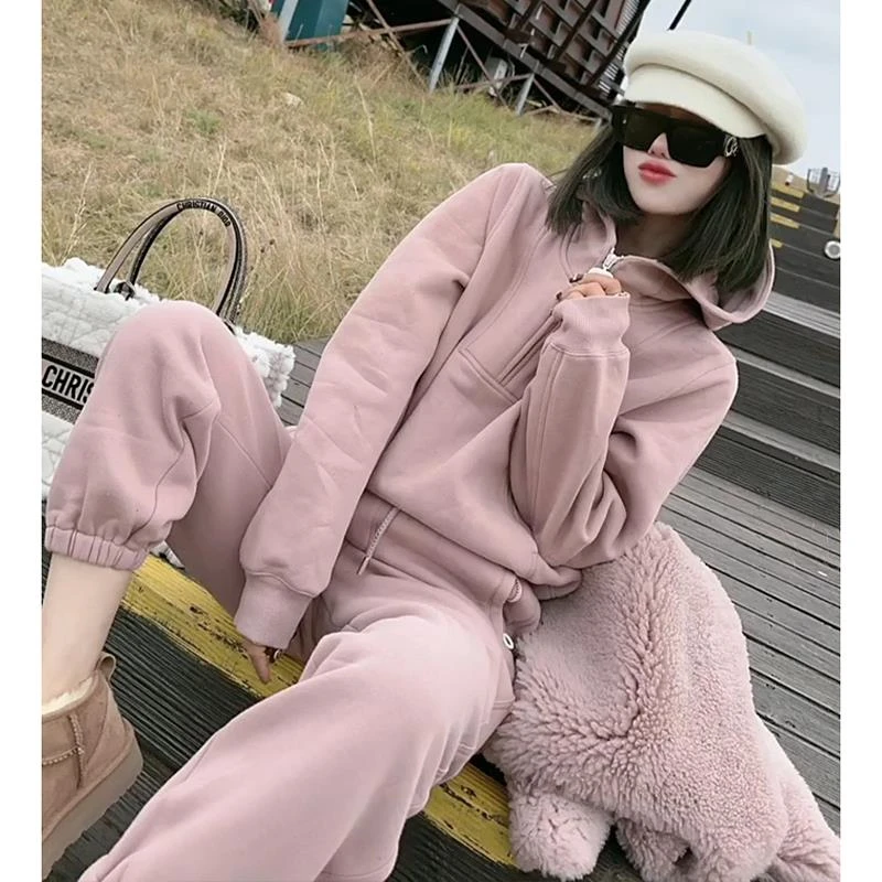 欧货高端粉色卫衣套装女秋冬加绒加厚网红炸街减龄休闲运动三件套