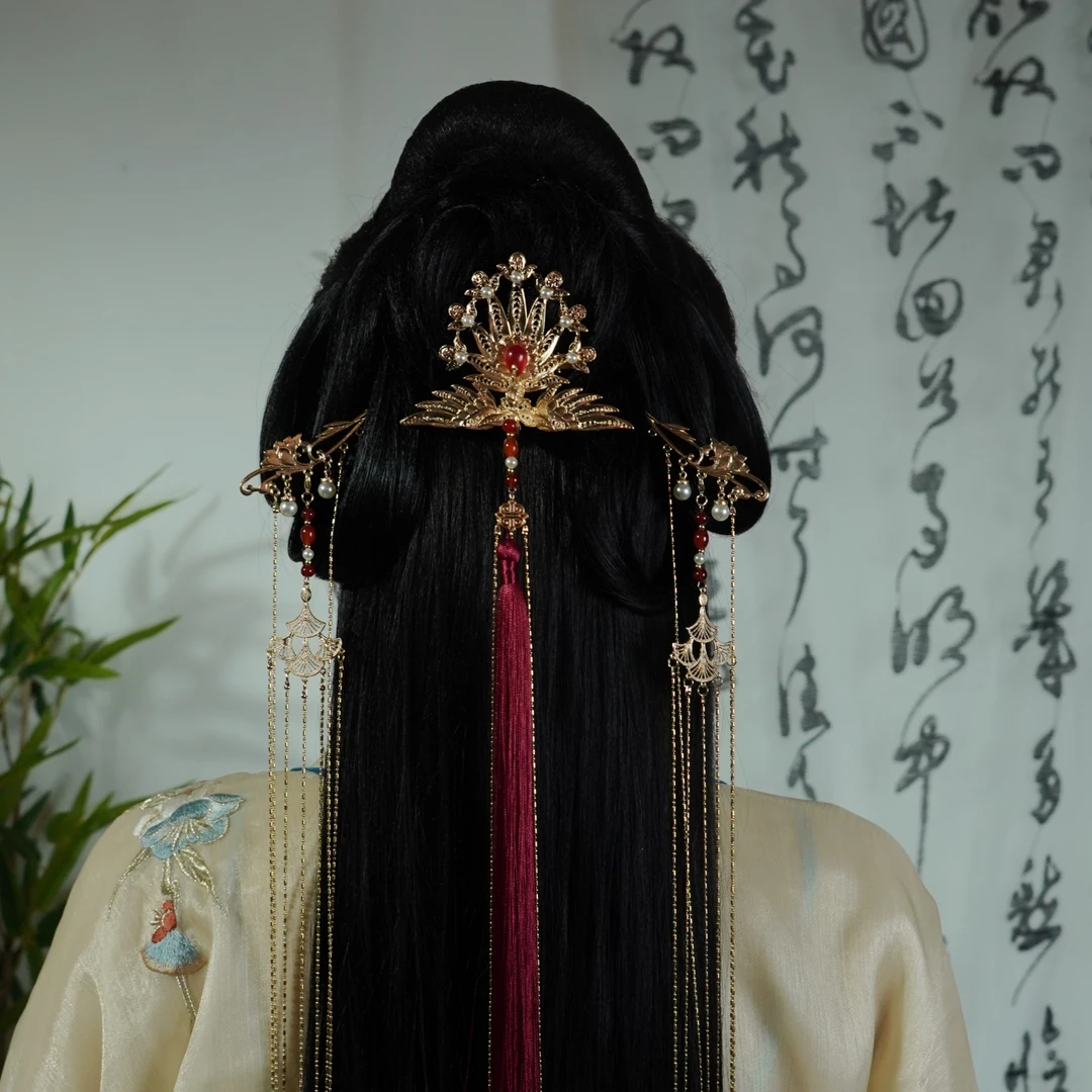 古相思曲发冠后压发簪头冠汉服配饰战国流苏发饰步摇后压发夹簪子