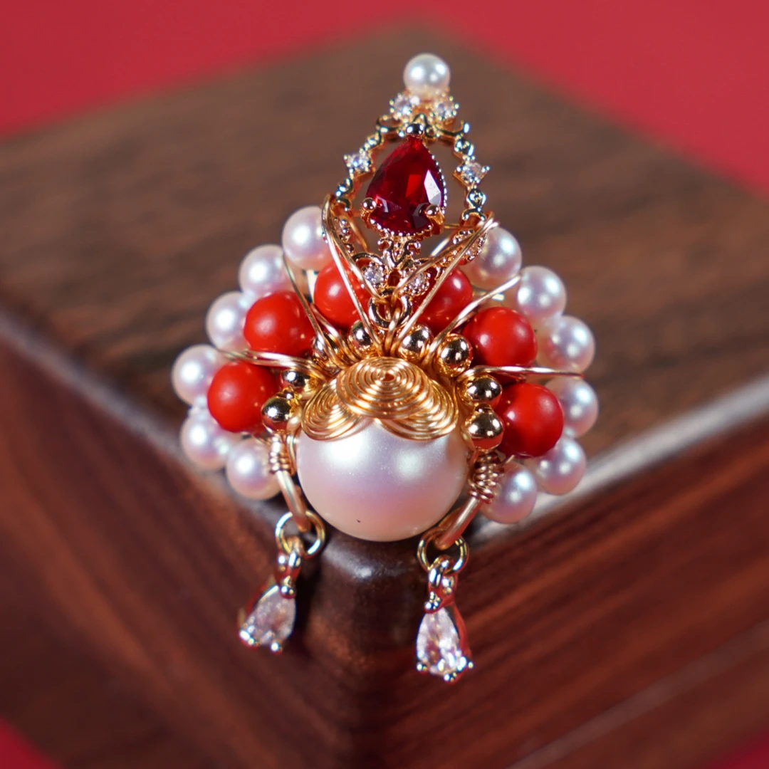 铜合金仿珍珠戒指 文创好物新中式国风手工花旦戒指古风国潮百搭