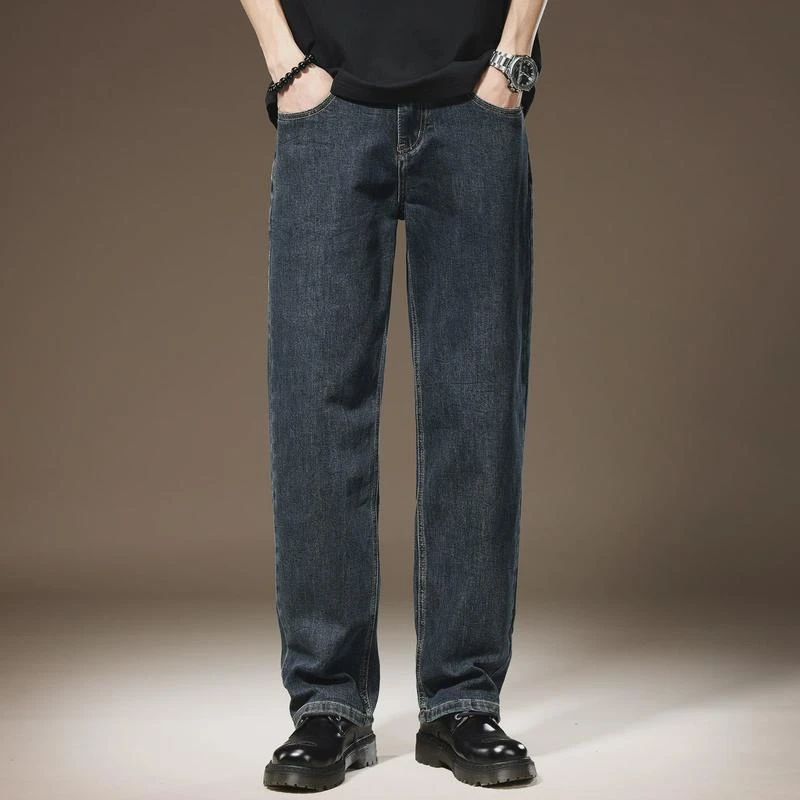 猫步宽松裤子高端男简约休闲夏季薄款牛仔裤阔腿直筒垂感松紧腰复