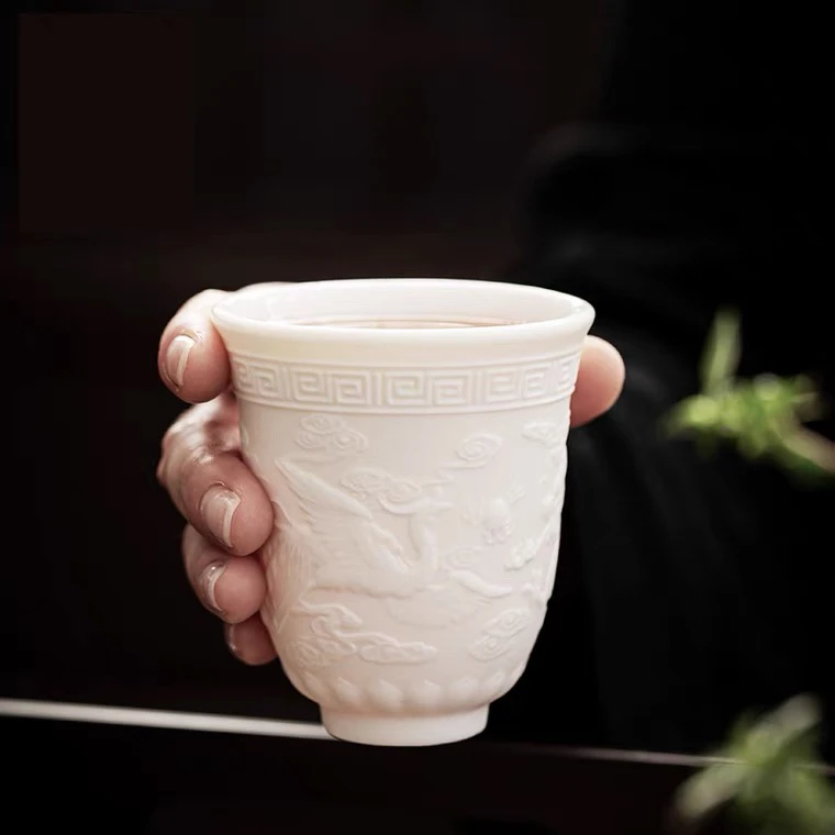 龙凤呈祥主人杯白瓷功夫茶具中式单龙杯羊脂玉家用大容量陶瓷茶杯