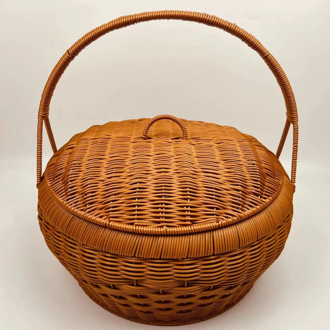 G55茶色圆形家用单提手野餐篮拜拜篮仿藤编手提篮纯手工编织编篮