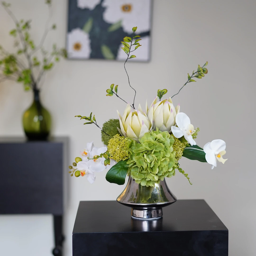 花屿星河|手感保湿原创设计花束白绿色森系新中式餐桌花家居装饰