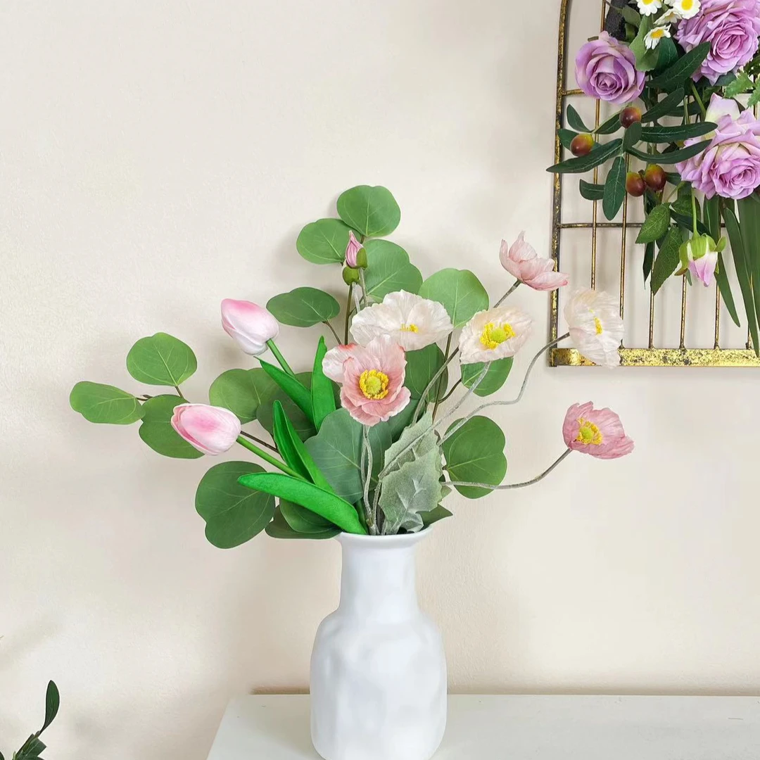 苹果叶虞美人仿真花桌面摆件轻奢新中式装饰餐桌花束摆件
